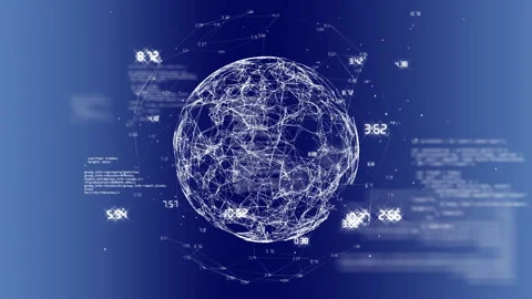Rotating globe with interconnected nodes and data processing on blue background Stock Footage 304568031