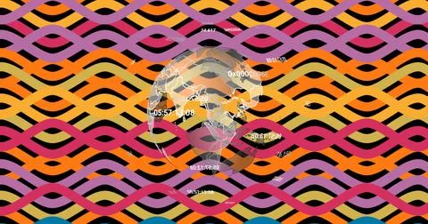 Rotating globe with map outlines in digital space with floating numeric data and Stock Illustration