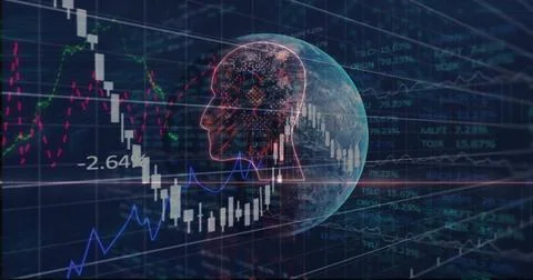 Rotating globe with neural circuit head over trading interface, with Stockillustratie