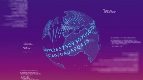 Rotating globe with numbers and coding animation over purple gradient background Stock Footage 304567987