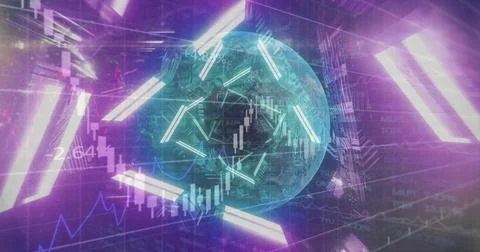Rotating globe projecting network lines in cyber finance interface, with neon Stock Photos