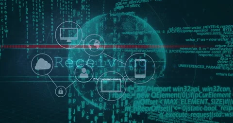 Rotating globe receiving cloud icon then linking padlock user nodes, eight icons Stock Footage 310298160