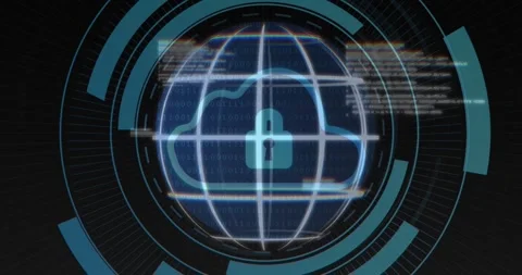 Rotating globe receiving glitch fragments forming HUD rings encircling cloud Stock Footage 326096193