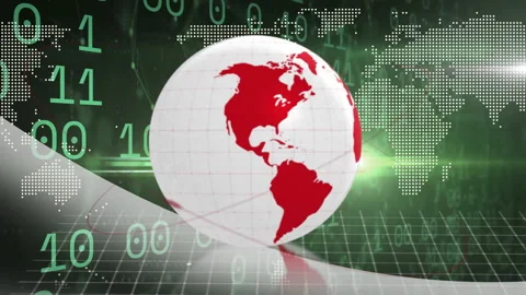 Rotating globe with red continents animation over digital world map and binary Stock Footage 303878179