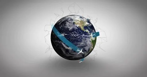 Rotating globe showing Americas on grey studio backdrop with blue ribbon, Stock Illustration