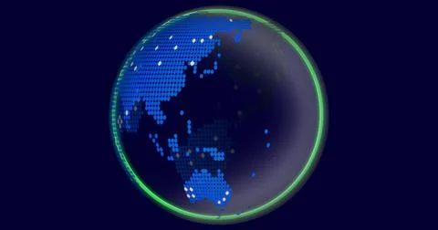 Rotating globe showing pixel Asia Pacific on navy backdrop with green rim and Stock Illustration