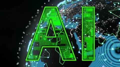 Rotating globe starting central AI letters pulsing circuits lighting nodes Stock Footage 334337552