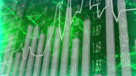 Rotating globe starting line chart emerging behind rising bars labels updating Stock Footage 310298343