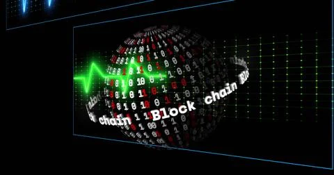 Rotating glossy 3D globe displaying binary inside digital HUD, with blockchain Stock Photos