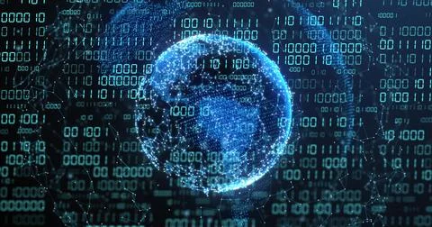 Rotating glowing 3D digital globe pulsing within digital space, with binary 스톡 사진