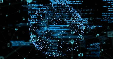 Rotating glowing data globe pulsing blue in dark virtual network, with code Stockillustratie