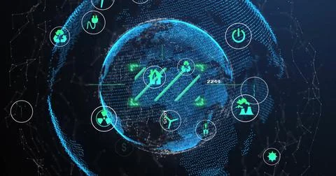Rotating glowing digital globe in cyberspace, with grid lines arrows and energy Stock Illustration
