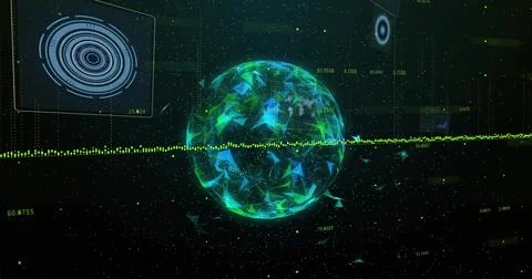 Rotating glowing digital sphere with mesh particles in data interface, numeric Ilustração Stock