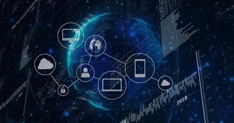 Rotating glowing dotted 3D globe revealing security and device icons in Stock Photos
