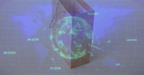 Rotating glowing green globe in virtual dashboard, with brown bag, map grid and Stock Photos