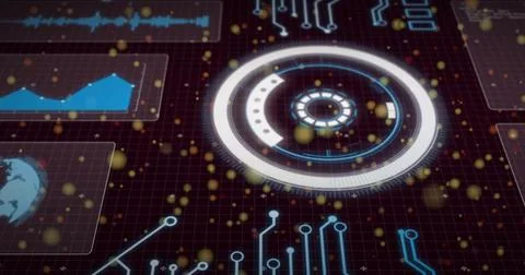 Rotating glowing HUD dial on dark grid, showing data panels, neon traces, golden Stock Illustration