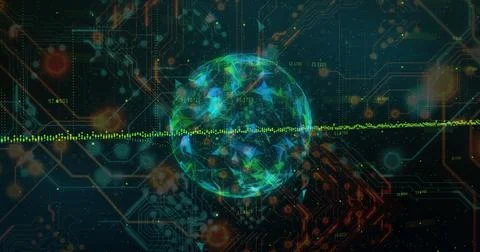Rotating glowing polygonal sphere intersecting data network, with neon waveform Stock Illustration