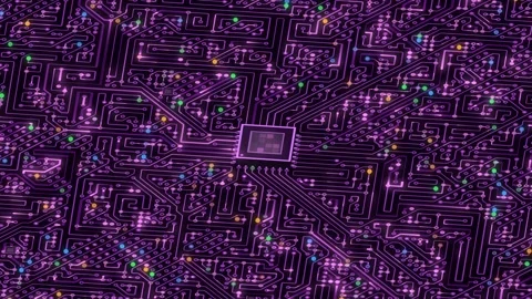 Rotating glowing purple circuit board with intricate pathways and a central Stock Footage 341849588