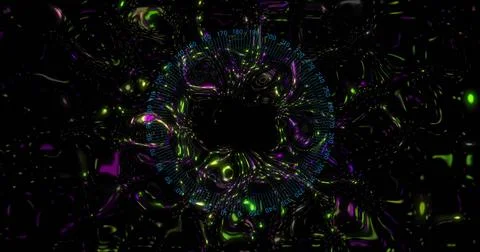 Rotating glowing ring forming dark void in digital plane with blue gauge, neon Stock Illustration