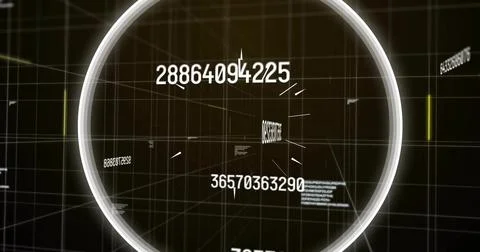 Rotating glowing ring framing floating numeric strings in virtual 3D data HUD, 스톡 일러스트