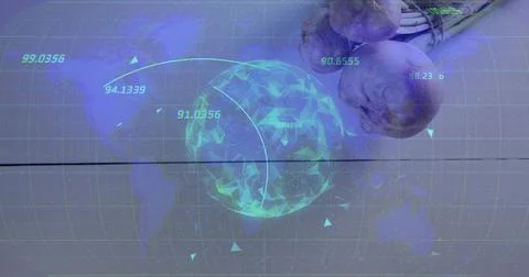 Rotating glowing teal polygonal sphere sitting at HUD, projecting neon green Stock Photos