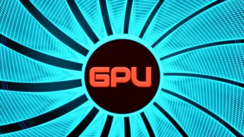 Rotating glowing turquoise neon light frame graphics card cooler. 3d render Stock Footage 158441334