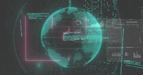 Rotating glowing wireframe globe appearing in futuristic interface, with code Stock Photos