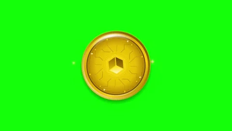 Rotating gold cryptocurrency coin with cube on green screen chroma key back.. Stock Footage 337555880