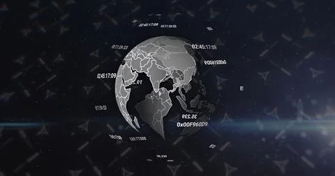 Rotating grayscale 3D globe displaying Asia in virtual data space, with floating Stock Photos