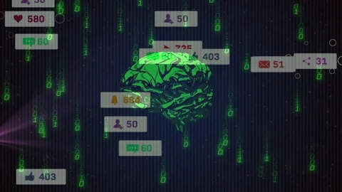 Rotating green 3D brain raining binary on navy backdrop clustering alerts fading Stock Footage 318194655