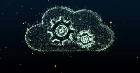 Rotating green digital cloud icon with gear cogs spinning in digital space, w Stock Photos
