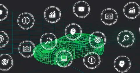 Rotating green wireframe car model occupying center in teal grid, with floating Stock Illustration