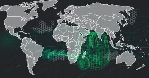 Rotating green wireframe structure hovering over digital world map, showing Stock Photos