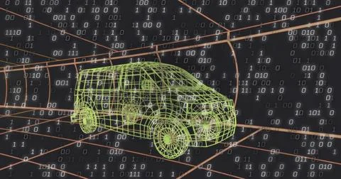 Rotating green wireframe van gliding through orange grid tunnel, with floatin Stockillustratie