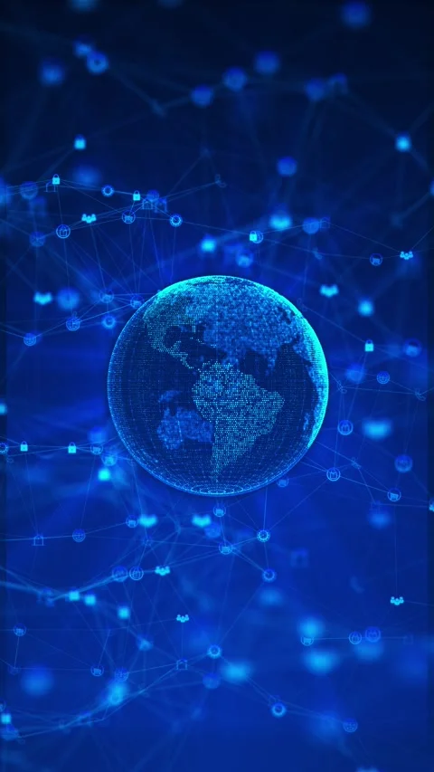 Rotating Grid Globe Plexus Network Motion with Multiple Digital Icons Stock Footage 315403800
