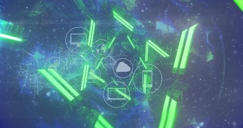 Rotating grid globe showing cloud computing in purple starfield, with device Stockfoto's