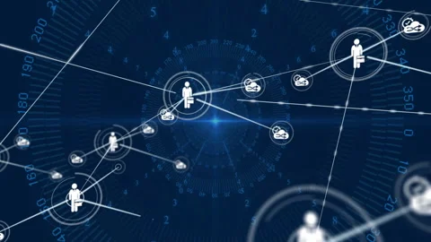 Rotating grid interface showing central business icon sending lines to cloud Stock Footage 312098282