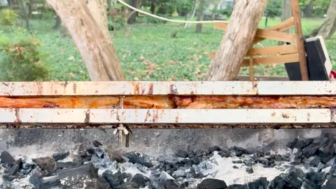 Rotating grill grates with meat. Grilled meat ribs sizzling over open fire with Stock-Footage 316235889