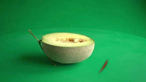 Rotating Half Cantaloupe Melon on Green Background with Red Circular Graphic Stock Footage 338368358