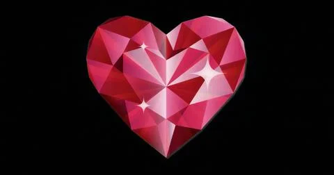 Rotating heart-shaped gemstone reflecting red and pink hues against black void, Stock Illustration