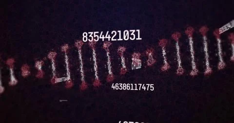 Rotating helix in dark digital space, with numeric strings, glowing nodes and 库存插图