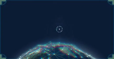 Rotating hemispheric globe in virtual interface showing glowing nodes, lines, Photos