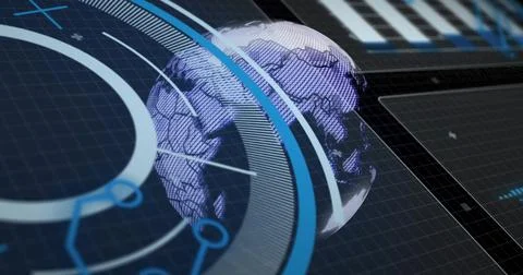 Rotating hex 3D globe right AR dashboard, showing HUD rings, radial guides, node Stock Photos