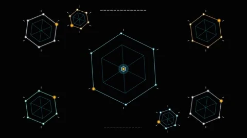 Rotating hexagon frames HUD overlay on black background Видео 346956233