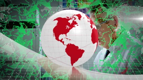 Rotating hologram globe network lines drawing scientist reviewing folder Stock Footage 311505755