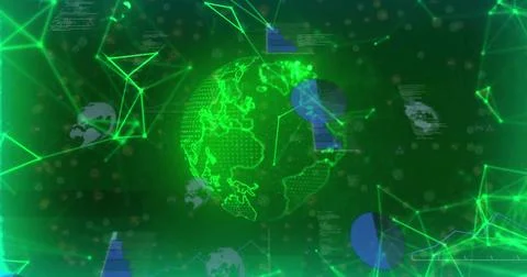 Rotating hologram globe projecting triangular mesh and pie charts in 3D data UI, Stock Illustration