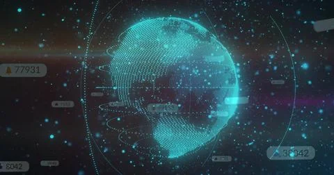 Rotating hologram globe showing dot-wireframe in data space, orbital rings, Stock Illustration