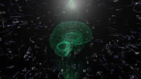 Rotating Hologram of Human Brain scan AI concept Glowing Light Particles Video stock 116328577