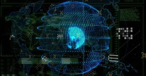 Rotating holographic 3D globe dominating HUD, displaying neon map, data panels, Illustrazione stock