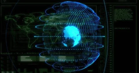 Rotating holographic 3D globe moving in virtual control-interface, showing Illustrazione stock